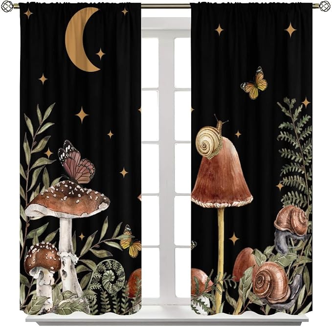 Retro Mushroom Blackout Curtains,Snail Butterfly Window Drapes,Boho Night Plants Leaves Moon Star Botanical for Living Room Kitchen Bedroom,Black Background 52x84in