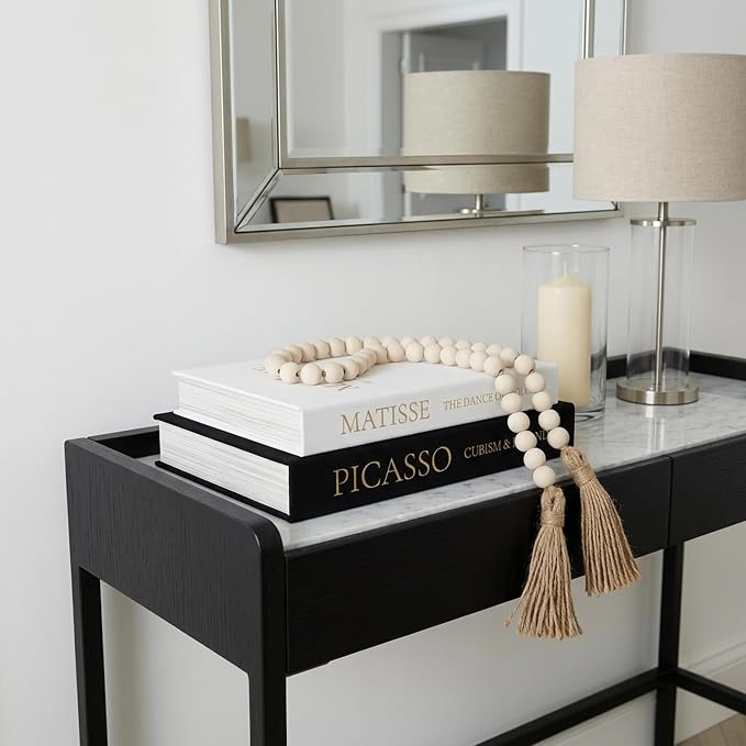 3-Piece Decorative Books for Home Decor with Wood Bead Garland - Stackable Linen Faux Book Box for Coffee Table Styling, Real Fabric Cover Fake Books with Tassel as Display Riser for Shelf