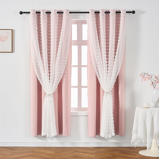 Light Pink Curtain Blackout Drapes Girls Room Decor 72 Inches Long Pom Pom | Single Panel Double Layer Boho Sheer Overlay Cute Nursery Thermal Insulated Bedroom Darkening Window Treatments Cortina Blush