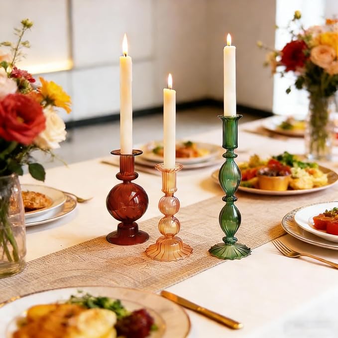3pcs Glass Candlestick Holders Set of 3 for Decorations Vintage Ball Taper Candle Holder for Valentines Day Wedding Birthday Table Centerpiece