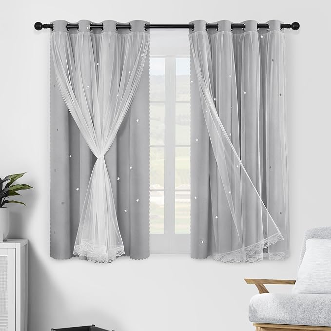XiDi Grey Curtains for Bedroom Living Room 2 Panels Thermal Insulated Kids Curtain Hollow-Out Star Window Nursery Curtains 63 Inches Long Room Darkening Grommet Window Treatments Light Grey W52 x L63