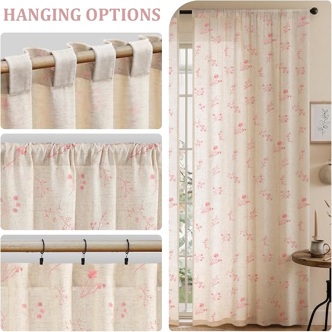 Pink Floral Embroidered Linen Blend Curtains for Bedroom, 84 Inch Light Filtering Spring Farmhouse Vintage Drapes for Living Room Rod Pocket, Set of 2 Panels