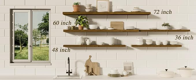 ROGMARS 72 Inches Long Walnut Floating Shelves | Rustic Solid Wood Farmhouse Wall Shelves with Invisible Brackets for Bathroom, Living Room, Bedroom, Kitchen Set of 3
