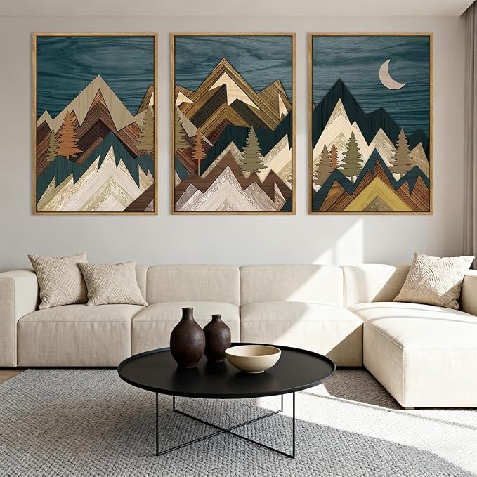 BINCUE Extra Large Mountain Wall Art Moon Froest Wall Decor Nature Landscape Art Print Framed Mountain Artwork Farmhouse Rustic Wall Paintings Large Landscape Artwork for Living Room Bedroom Office 24x36 Inches Set of 3