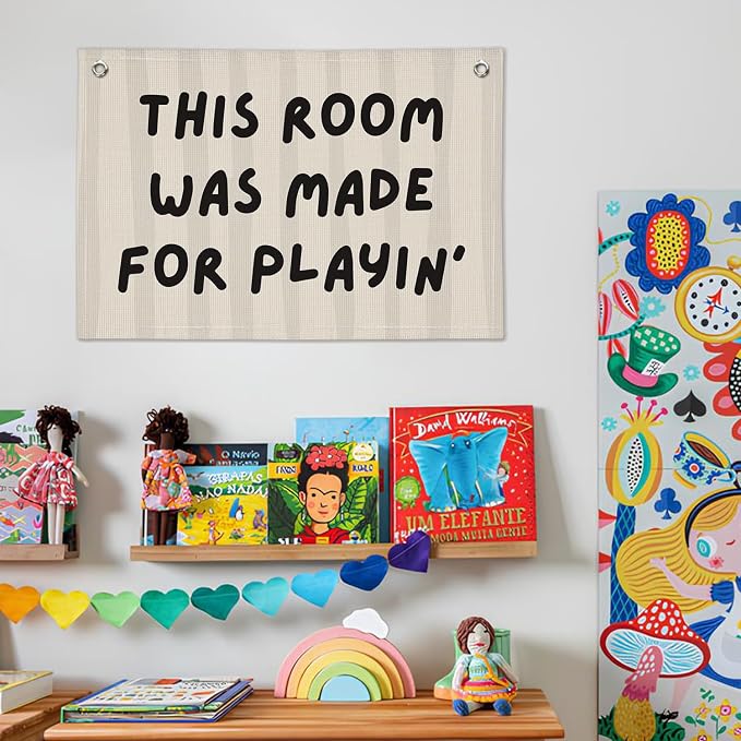 Playroom Decor Wall Banner "This Room Was Made For Playin'" 20x30 Inch - Nursery Canvas Art, Kids Bedroom Hanging, Linen Toddler Play Area Sign, Children's Canvas Flag Decor - Beige