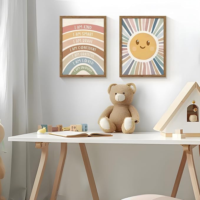 2 Piece Framed Boho Rainbow Kids Room Wall Art 16x24 Inch | Positive Affirmations Playroom Wall Decor, Sun Smiley Face Nursery Painting Canvas Prints for Classroom Toddler Room Decor