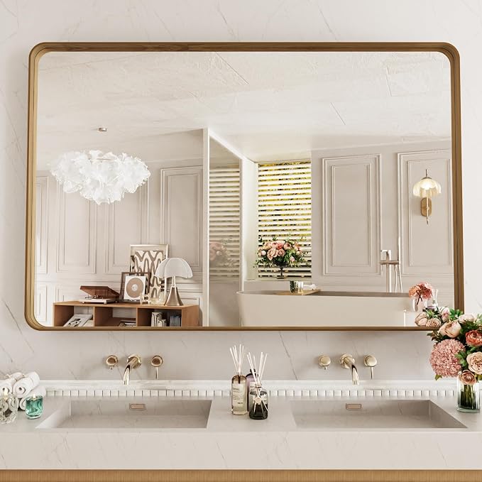 LOAAO 55X36 Inch Bathroom Mirror with Wood Grain Colored Metal Frame, Rounded Rectangle Metal Framed Bathroom Mirror, Anti-Rust, Hangs Horizontally or Vertically, Tempered Glass