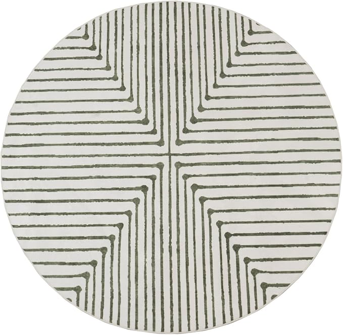 GLN Rugs Contemporary Collection - Machine Washable Area Rug, Contemporary Washable, Non Slip, Low Pile Chenille Rug, Living Room, Bedroom, Kitchen Rug (5'3" Round Green Beige)