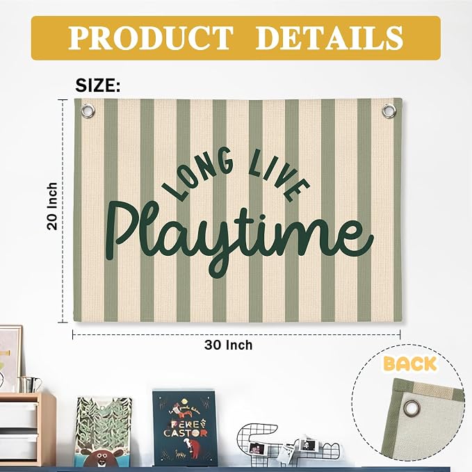 Playroom Wall Decor, Long Live Playtime Linen Canvas Banner, Toddler Playroom Decor Kids Room Nursery Wall Decor for Toddler Boys Toy Room Bedroom, 30x20 Inch