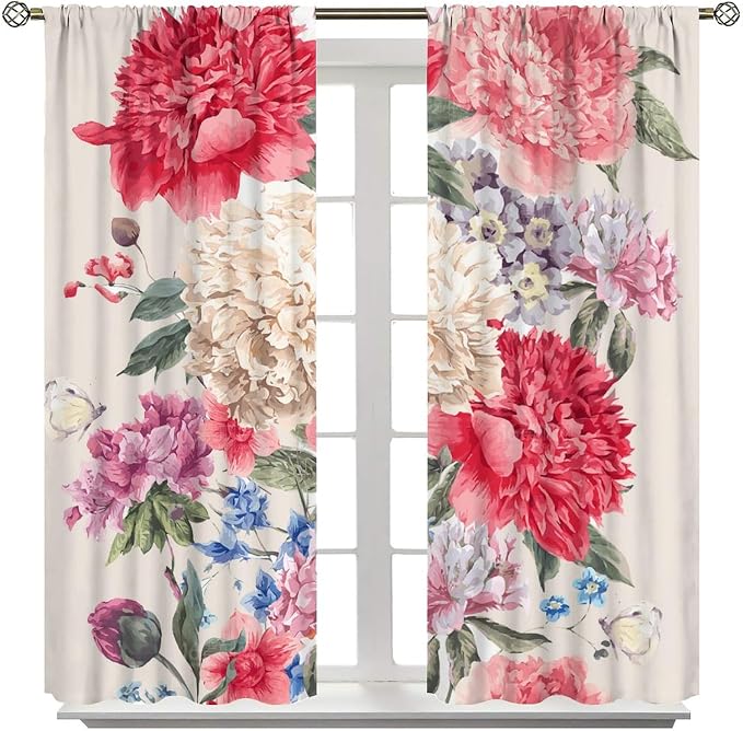 Floral Blackout Window Curtain Vintage Bouquet of Peony Wild Flowers Nature Botanical Leaf for Home Kitchen Livingroom Coffee Room Curtains Drapes 2 Panels 55x63in, Style-2