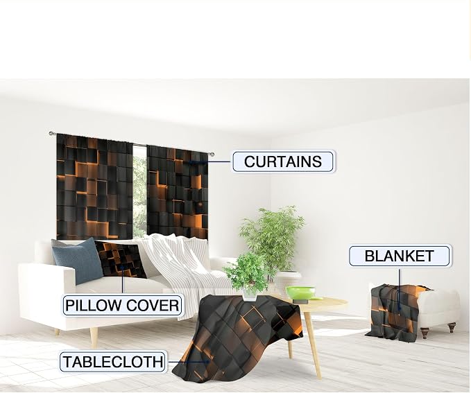 MESHELLY Abstract Black Orange Curtains 42Wx63H Inch Rod Pocket Modern 3D Gradient Design Geometric Cubes Minimalist Bedroom Window Drapes Futuristic Man Boys Printed Living Room Window Treatment