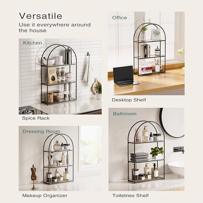 Crofy 3-Tier Arched Wall Shelf with Black Frame & Transparent Shelves | Sturdy Tempered Clear Glass Shelves with Ample Storage Space; Decor for Living Room, Bath, Kitchen, Vanity & Home Office