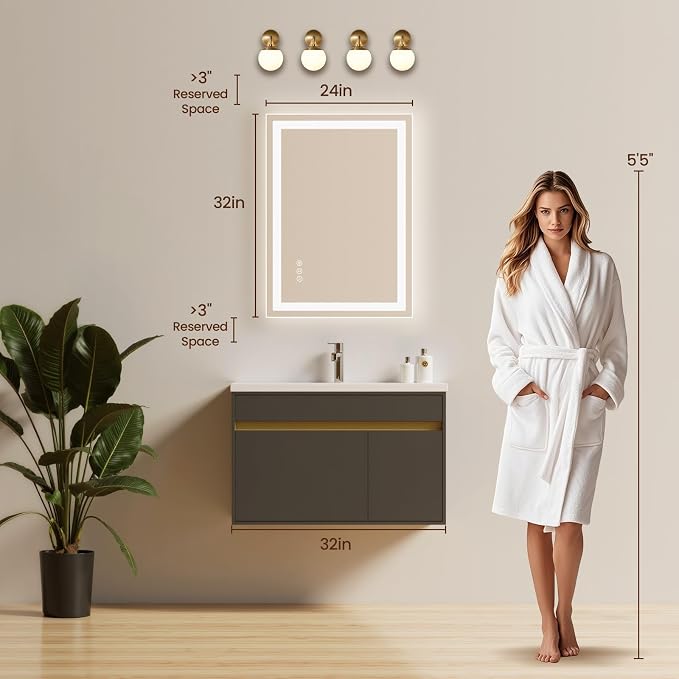 24X32 LED Bathroom Mirror with Lights, Anti-Fog, Backlit + Front Lit (CRI>90), Lighted Bathroom Vanity Mirror for Wall, Memory Function, Dimmable, Tempered Glass, Shatter-Proof