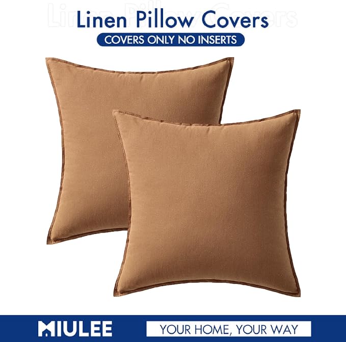 MIULEE Pack of 2 Decorative Linen Pillow Covers 20x20 Inch Brown | Spring Boho Farmhouse Modern Soft Accent Throw Pillows Neutral Cushion Covers for Sofa Couch Bed Living Room Home Decor