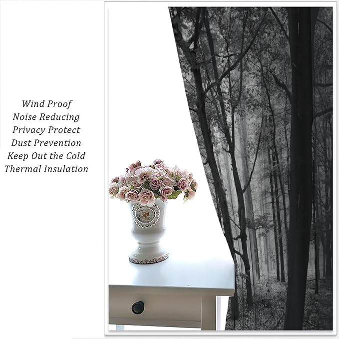 Forest Blackout Curtains,Gothic Natural Scenery Fantasy Dark Black Misty Foggy Mysterious Forest Woodland Tree Art Printed Windows Treatments Rod Pocket Drapes For Living Room Bedroom Kitchen 42x45in