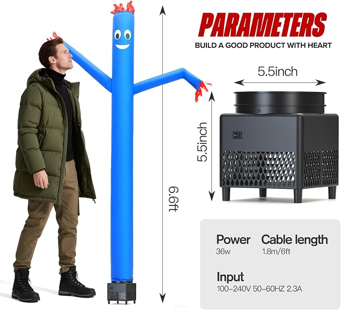 6ft Blue Sky Air Puppet Dancer Inflatable Waving Tube Man with Lights & Built-in Blower - Wacky Waving Dancing Tube Guy for Business Promotion Stand Out Christmas Advertising