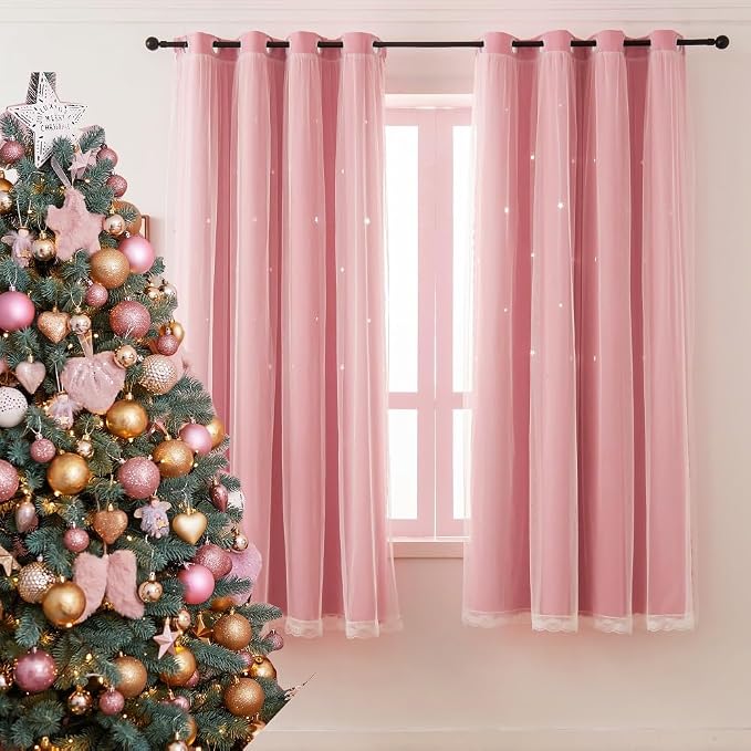 Cute Blackout Curtains Pink Curtains for Girls Room 63 Inches Long 1 Panel Star Cutout Room Darkening Nursery Curtain & Drapes with White Sheer Tulle Lace Double Layer Curtain 63 Inch Length