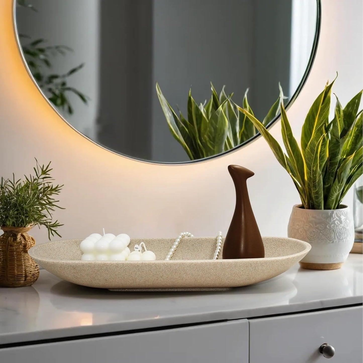 Large Decorative Bowl for Home Decor - Long Dough Bowl with Anti Slip Base for Table Centerpieces - Beige Minimalist Design Dough Decor Bowl for Coffee Table, Dining Table Centerpiece