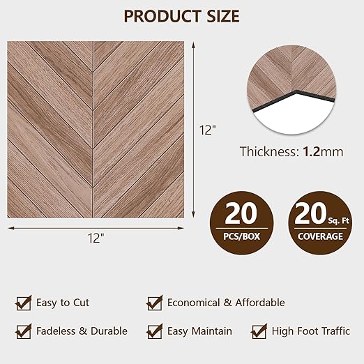Peel and Stick Floor Tile, 20-Pack 12" x 12" Herringbone Wood Look Waterproof Self-Adhesive Vinyl Flooring, Easy DIY for Bedroom, Kitchen, Living Room, RV, Cover 20 Sq. Brown