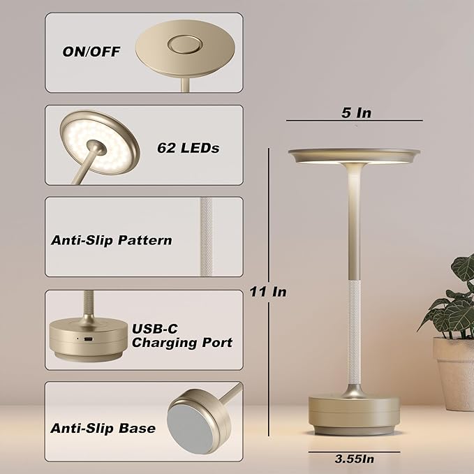 TBBGA 1 Pack Rechargeable Table Lamps Cordless, Portable 5000mAh Outdoor Table Light, 3 Color Stepless Dimming LED Table Lamp with Memory Function, for Home/Dinner/Patio/Restaurant.(Champagne Gold)