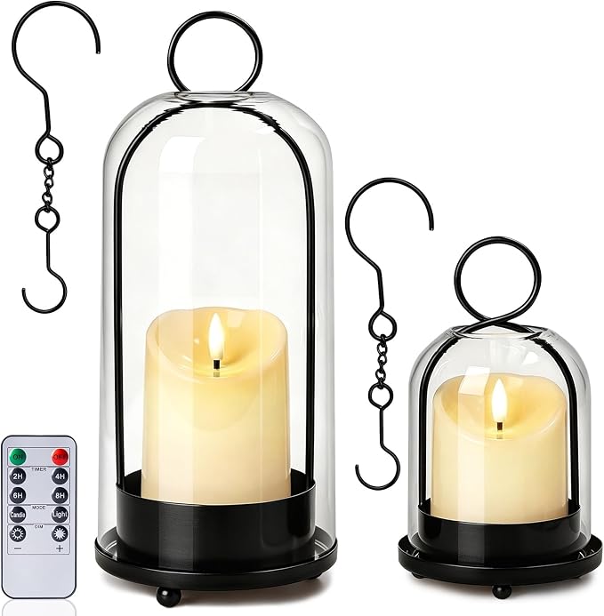 Brass Hurricane Handmade Sturdy Glass Dome Candle Holders with Glass Cover, Set of 2 Flameless Battery Operated LED Pillar Candles and Remote, Elegant Cloche Lantern for Modern Table Centerpiece