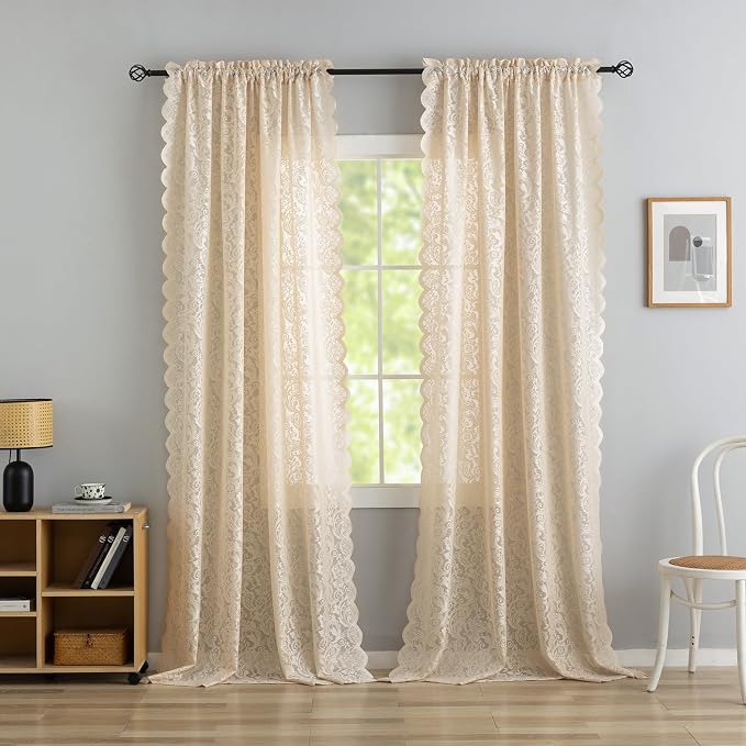 ALIGOGO Beige Floral Curtain for Living Room 80 Inch Length - Rustic Country Lace Crochet Sheer Curtains Embroidered Rod Pocket Privacy Home Decor for Door Window Closet 2 Panels, 52 x 80 Inch