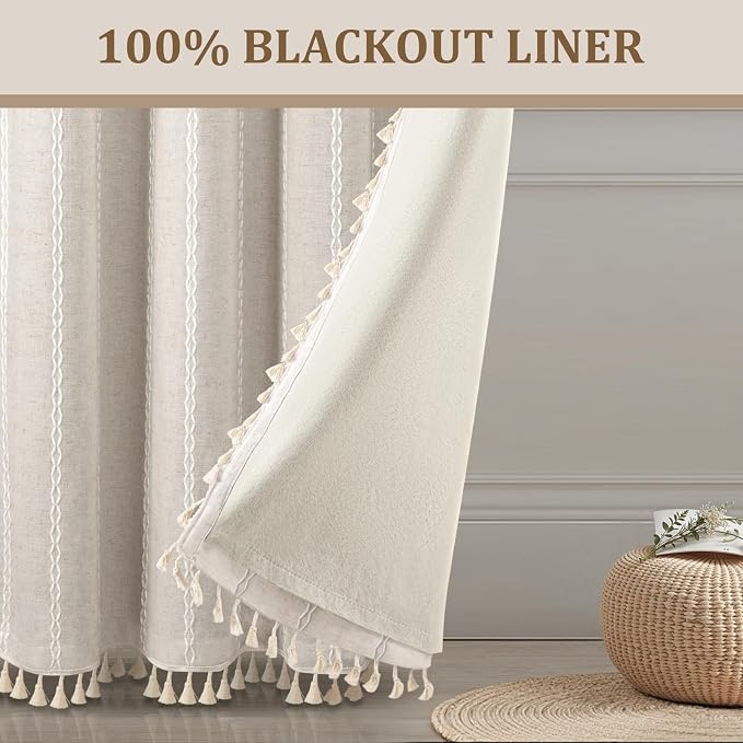 Ivory Boho Blackout Curtains 2 Panels 84 Inch for Living Room Bedroom, Beige Linen Texture Farmhouse Curtains with Tassels and Cotton Embroidery Vintage Rustic Western Rod Pocket