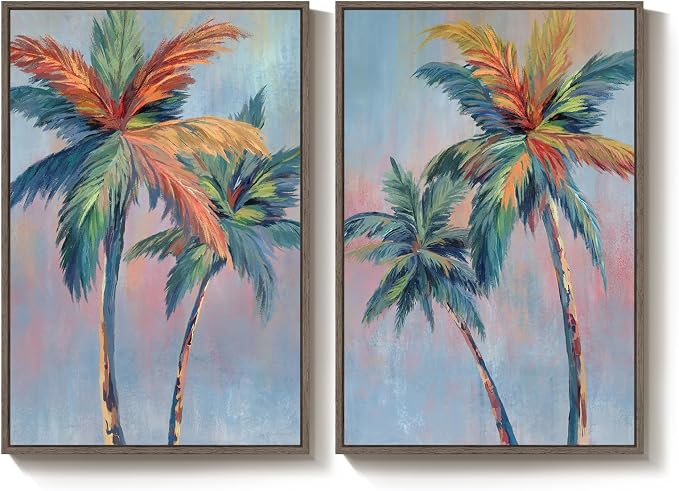 Framed Colorful Coastal Palm Tree Wall Art Bedroom, Set of 2 Tropical Beach Canvas Prints Artwork for Walls, Large Pop Art Coastal Paintings Pictures for Living Room Hallway Wall Art Decor, 20x30 Inch