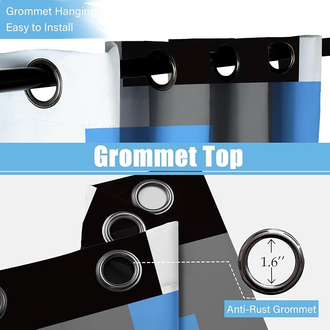Tyrot Light Blue 100% Blackout Curtains for Bedroom 108 inch Extra Long 2 Panels Set Black Grey Modern Abstract Geometric Black Out Curtains Room Darkening Window Drapes for Living Room, 52Wx108L
