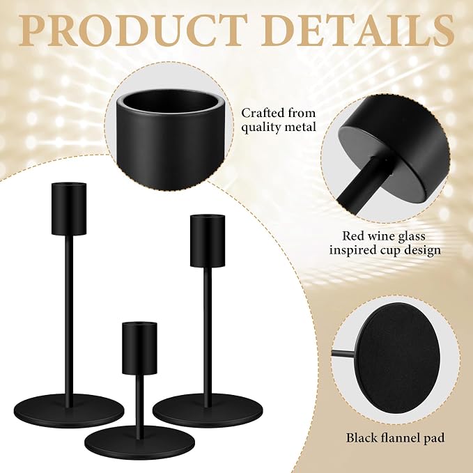 12 Set Candle Holders Bulk with 10'' Dripless Taper Candles 3.3'' 5.5'' 6.3'' Metal Candlestick Holders Vintage Modern Decorative Table Centerpiece for Wedding Birthday Home Decor (Black)