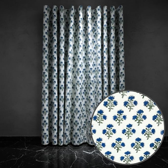 ATOSII 100% Cotton Single Panel Block Print Curtain, Easy Hanging with Rod Pocket & Loop, Living Room, Dining Room, Bedroom Light Filtering Boho Curtains, Set of 1, 60" W X 108" L, Gulbahar Blue