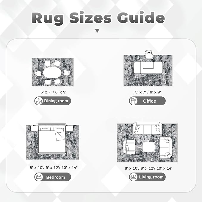 pmtsns Area Rugs 9x12 for Living Room: Washable Rug Modern Abstract Neutral Soft Non-Slip Low-Pile Indoor Large Carpet for Bedroom Dining Room Playroom Home Office (Black Grey, 9'x12')