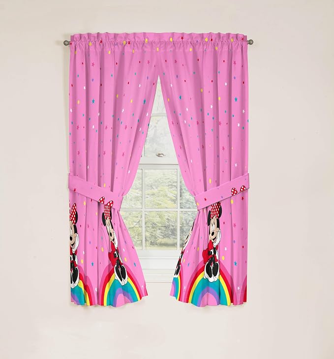 Sunny Side Up Window Curtains for Kids Bedroom 4-Piece Drape Set with 2 Tiebacks, Pink - Minnie Mouse, 42" W x 63" L (Pack of 2)