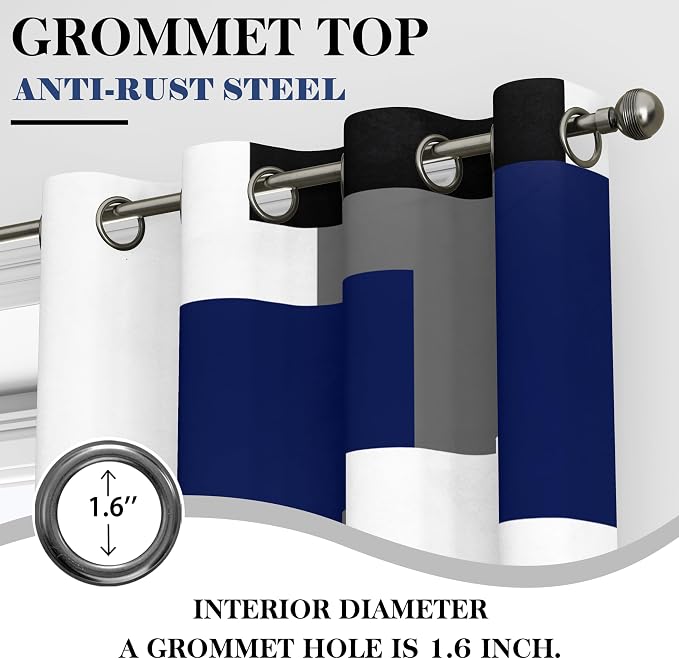 Tyrot Navy Blue Grey 100% Blackout Curtains for Bedroom 96 inch Long 2 Panels Set Gray Modern Abstract Geometric Black Out Curtains Insulated Room Darkening Window Drapes for Living Room, 52Wx96L