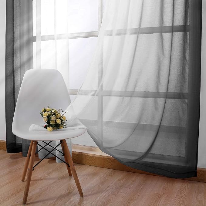 DWCN Black Ombre Short Sheer Curtains - Faux Linen Semi Voile Gradient Light-Filtering Bedroom and Living Room Curtains, Set of 2 Grommet Top Window Drape Panels, 52 x 45 Inch Length