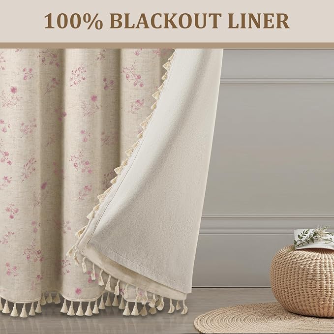 Boho Floral Spring 100% Blackout Curtains 84 Inch Length 2 Panels Set, Linen Texture Farmhouse Curtains with Beige Tassel for Living Room Bedroom, Vintage Rustic Rod Pocket,Pink
