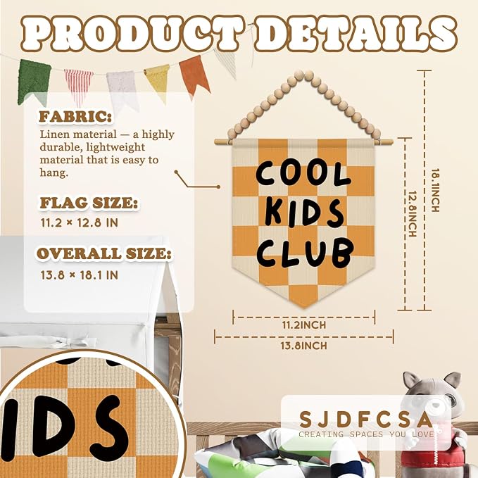 SJDFCSA Kids Playroom Wall Art Decor, Kids Room Decor, Cool Kid Club Trendy Orange Checkered Boho Wall Hanging Display Pennant Flag for Boys Girls Nursery Toddler Room Bedroom Playroom
