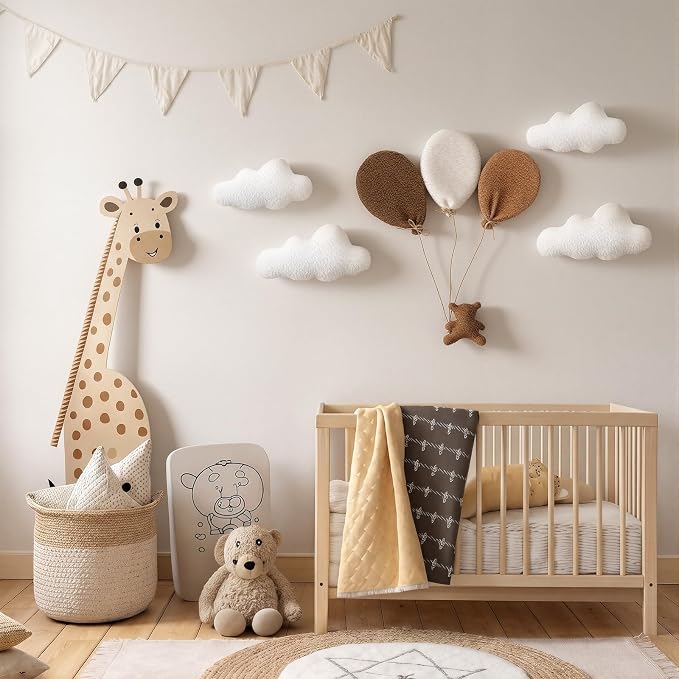 Chumia 5 Pcs Teddy Bear Nursery Wall Decor Balloons Nursery Wall Art with Clouds Star Soft Plush Baby Room Decor Gender Neutral for Bedroom Playroom Decoration