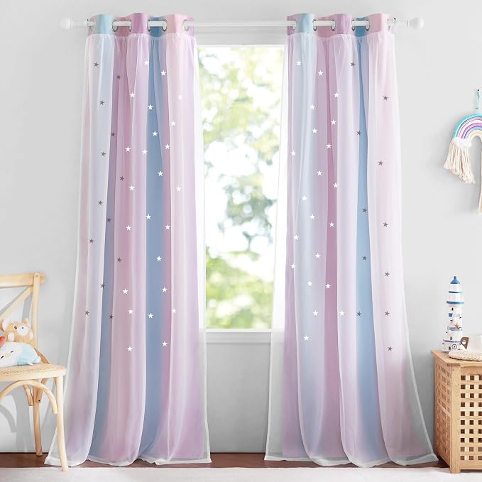NICETOWN Curtains for Girls Bedroom Double Layer Blackout Curtains Grommet Star Cutout Ombre Window Drapes with Sheer for Living Room 2 Panels in 34 x 84 inch Length, Purple & Blue & Pink
