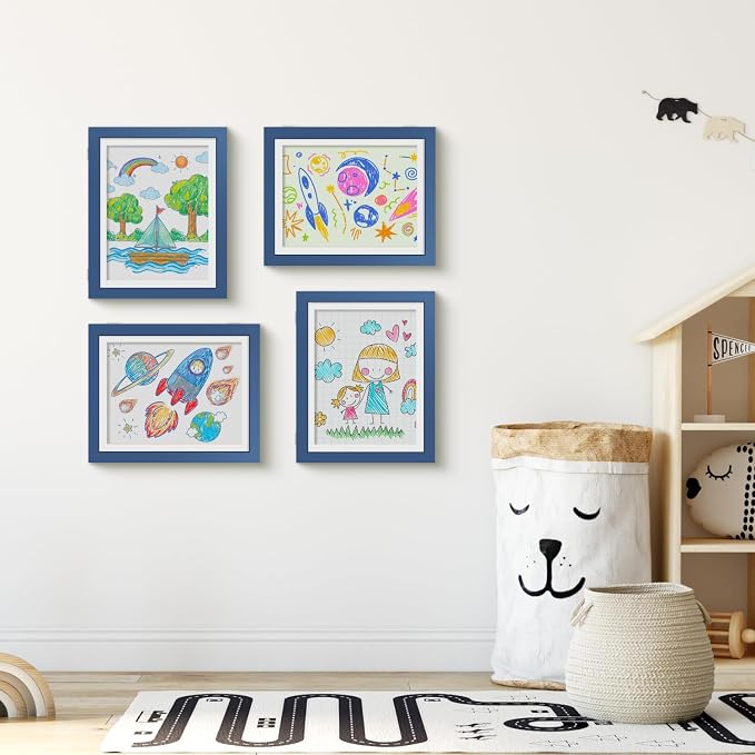 Kids Art Frames 9x12 - Front Opening Childrens Picture Frame Changeable, Wood Artwork Display Storage for Wall Mount, Magnetic Door Holds 50 Art Pieces for Drawings, 3D Picture, Crafts, Portfolio, Blue