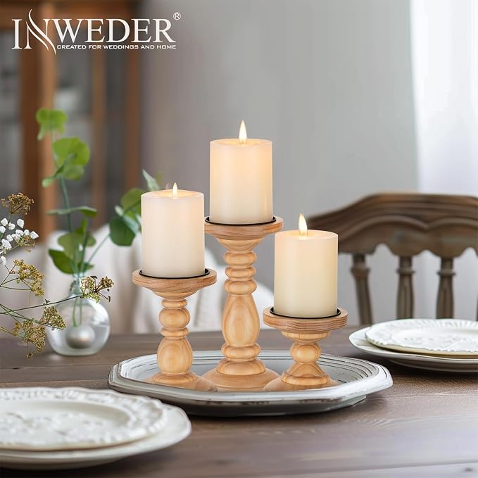 Wood Pillar Candle Holder: Rustic Wooden Candle Stand Farmhouse Fall Decor Distressed Brown Centerpieces for Tables Mantel Dining Living Room Christmas Set of 3
