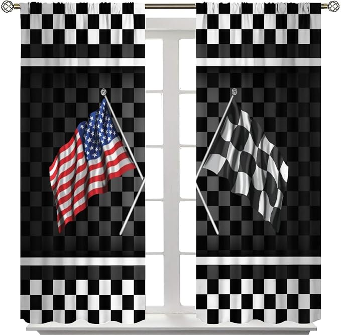 American Flag Window Curtain,Racing Car Black White Checkered Flag Abstract Sports Geometric Cloth Farbic Cafe Dining Room Office Living Room Kitchen Bedroom Drapes, 52x96 in