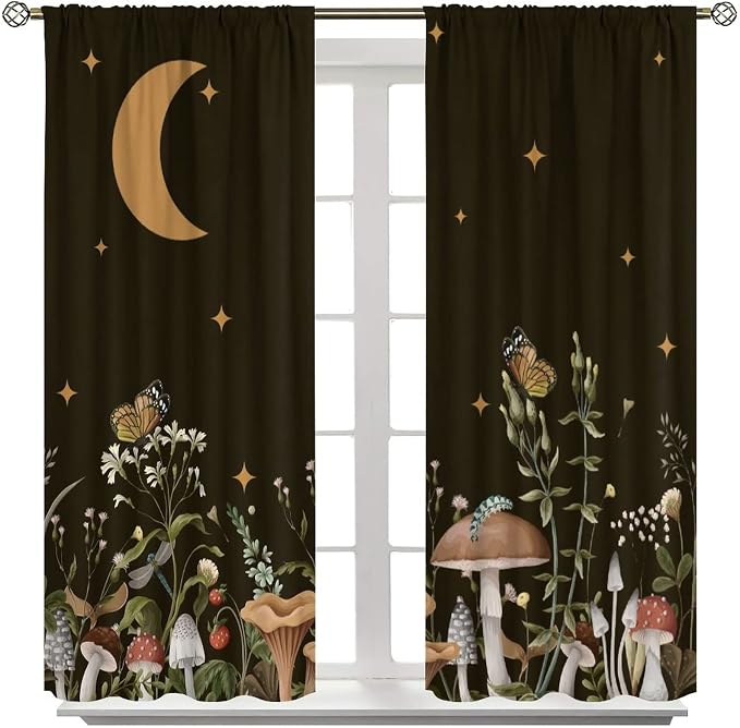 Wild Mushroom Blackout Curtains,Retro Floral Plants Boho Moon Star Window Drapes,Butterfly Botanical for Living Room Kitchen Bedroom,Black Background 72x63in
