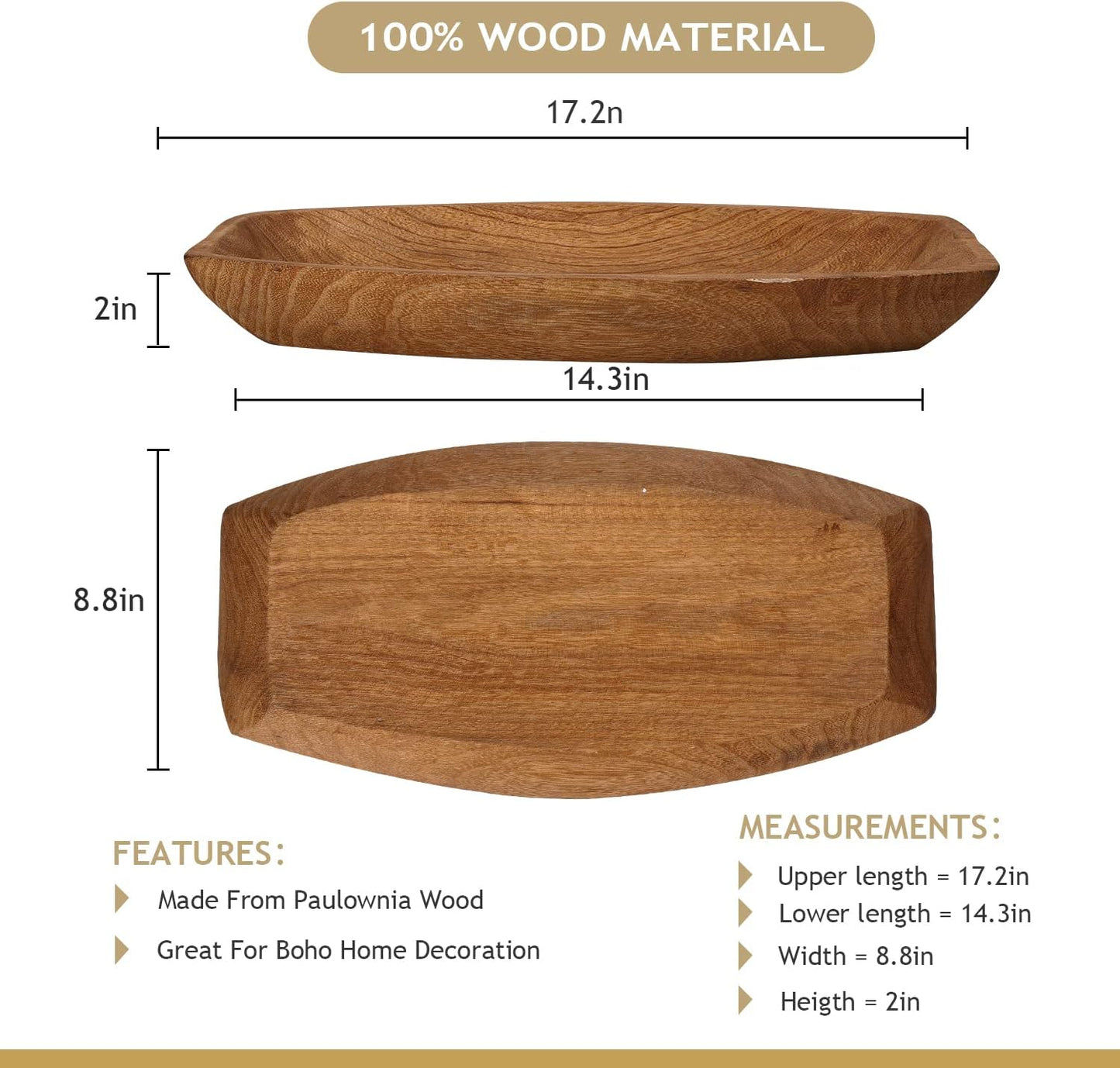 Uziass Wood Dough Bowl, 17.25"x 8.8" Hand Carved Wooden Dough Bowls for Decor Rustic Wood Dough Bowls Decorative Wooden Dough Fruits Bowl for Table Centerpiece Dining Living Room Home Kitchen Decor