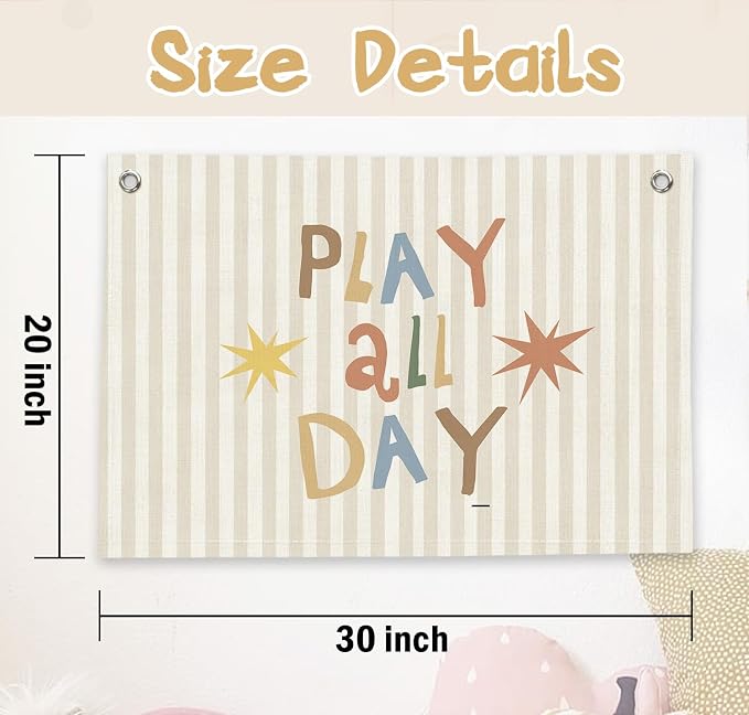 RTXLEZM Playroom Wall Decor,Play All Day Canvas Banner Hanging | Neutral Striped Play Room Wall Art for Kids Little Toddler Boy Girl Nursery Room Bedroom Playroom Classroom Decor 20x30