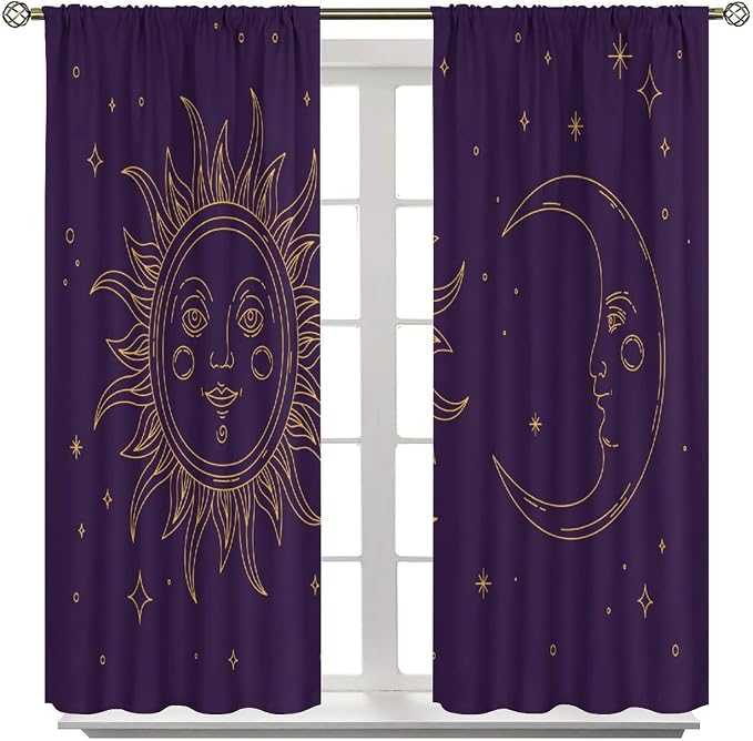 Golden Sun Moon Stars Art Blackout Curtains, Abstract Bohemian Universe Starry Sky Galaxy Window Drapes, for Bedroom Living Room 42" W X 54" L