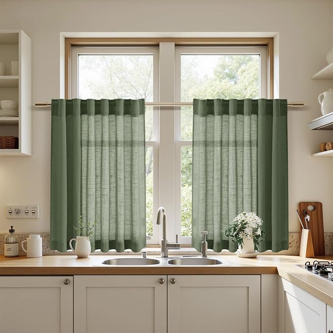 Nanspring Olive Green Linen Curtains 24 Inch Length for Kitchen Small Windows Light Filtering Panels Back Tab and Rod Pocket Drapes for Cafe/Small Curtains, 30 x 24 Inch,2 Panels