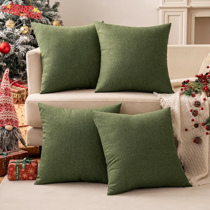MIULEE Pack of 2 Decorative Outdoor Solid Waterproof Throw Pillow Covers Faux Linen Garden Farmhouse Cushion Cases for Patio Tent Balcony Couch Sofa 18x18 Inch Dark Green