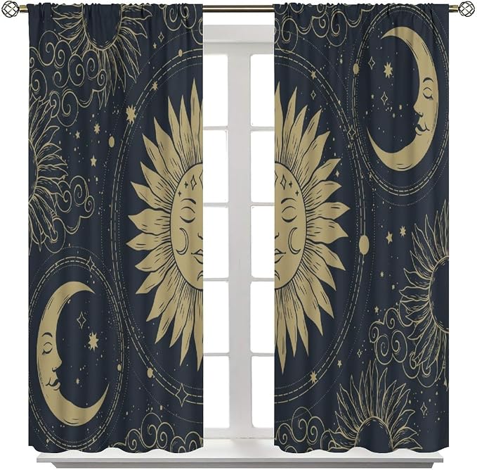 Bohemian Sun Moon Blackout Curtains, Golden Sun Moon Stars Vintage Galaxy Printed Window Drapes, for Bedroom Living Room 72" W X 63" L