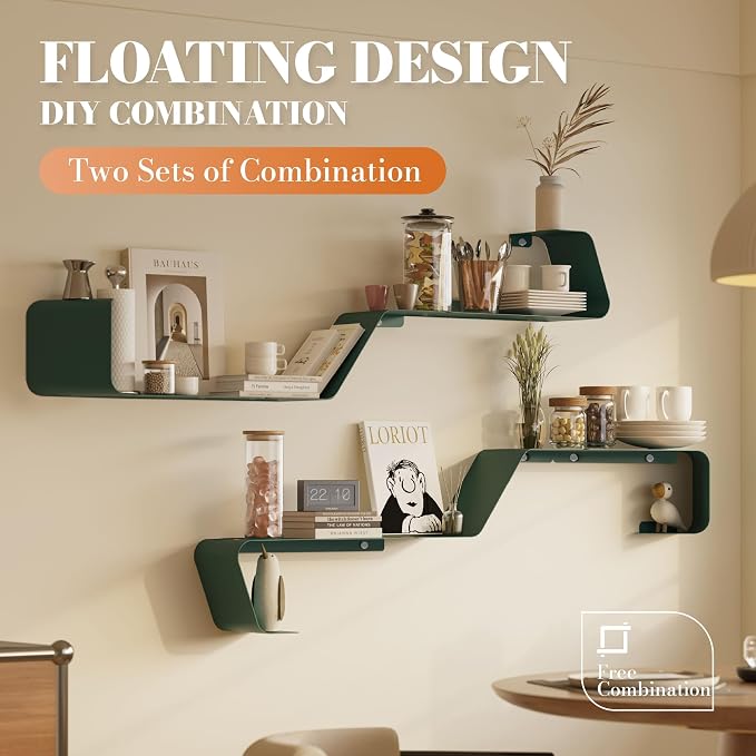 Floating Shelves, Wall Shelf, Set of 3 Mounted Metal Shelves with Unique Design for Wall Storage, Book Shelf, Display Shelves for Bathroom Bedroom Kitchen Living Room for Home Green